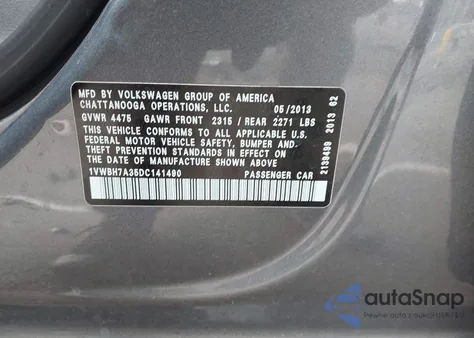 2013 Volkswagen Passat 2.5L Se z USA, uszkodzony, nr VIN 1VWBH7A35DC141490